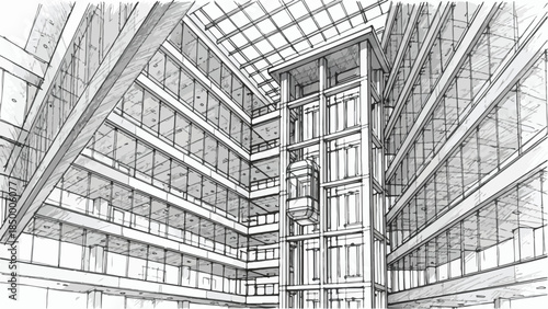 Modern corporate office building interior with elevator and glass atrium sketch