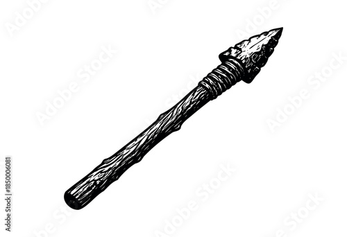 A black and white illustration of a primitive stone arrowhead attached to a rough wooden shaft, suggesting ancient tools and survival.
