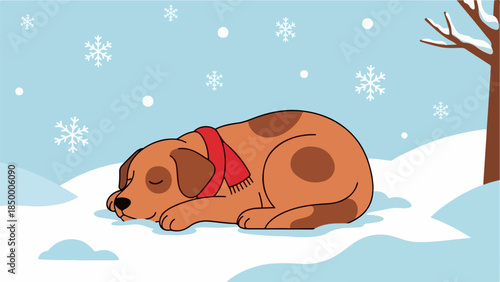 Brown dog with pink scarf sleeping in snow with leafless tree and falling snowflakes