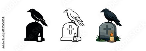 psychopomp crow perched on gravestone with tiny candle at base