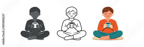 slow living person sitting cross legged with coffee cup and calm smile