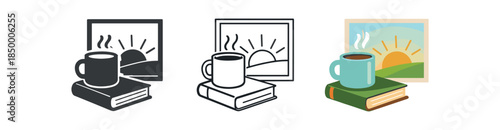 slow living ceramic mug and book beside window with morning sun