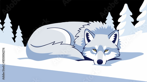 Digital illustration of a solitary wolf resting in a serene winter landscape with blue tones