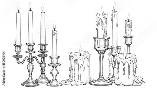 Elegant silver candelabra with lit candles and melting wax vector sketch