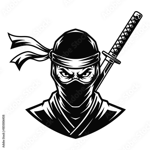 Ninja warrior with sword and headband isolated on transparent background