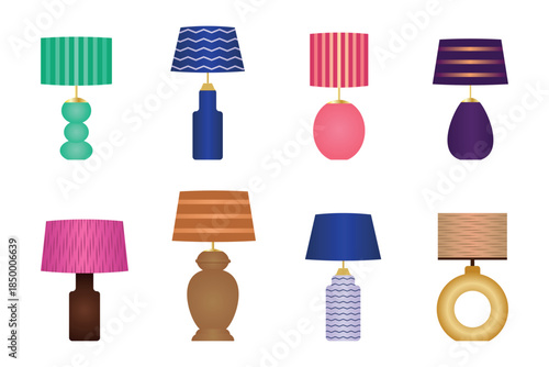 A set of table lamps for interior design. Table lamps with lampshades in a modern style. Vector illustration isolated on a white background.