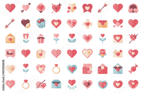 Pastel Valentine's Day icon collection featuring romantic hearts, love letters, floral bouquets, engagement rings, and sweet candies in soft flat design.