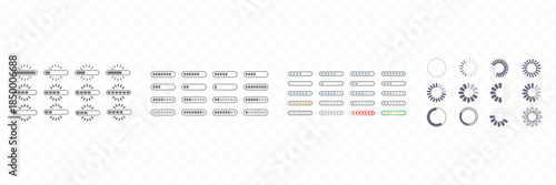 Set of various loading, buffering, progress, and synchronization icons and symbols, including arrows, bars, and rotating circles, in a minimal line art style