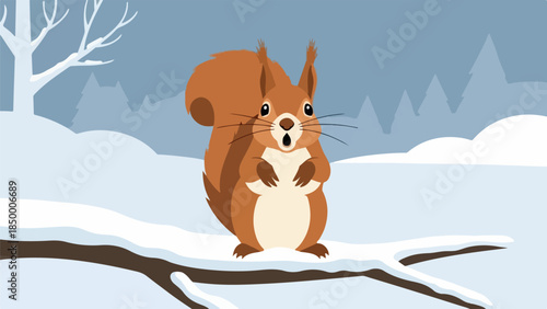 Charming squirrel with reddish-brown fur and bushy tail sitting on a snow-covered branch in a winter landscape