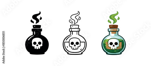 Poison potion bottle with skull icon set. Toxic, danger, halloween, alchemy symbol. Outline flat and colored vector illustration.