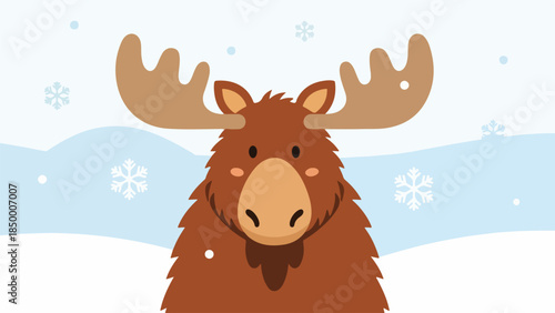 Detailed illustration of a moose head with antlers and snowflakes on a wintry background