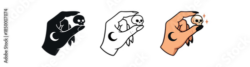 witchcraft relic hand with moon tattoo holding tiny skull