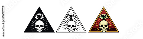 esoteric symbols triangle with eye and radiant skull inside