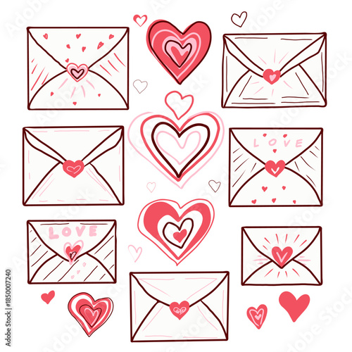 Cute doodle set of hand drawn envelopes and pink and red hearts. Valentine's Day vector illustrations.