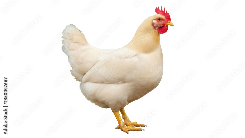 Fototapeta premium Cream Legbar chicken isolated PNG on transparent background, domestic fowl with yellow legs and red comb for poultry farming