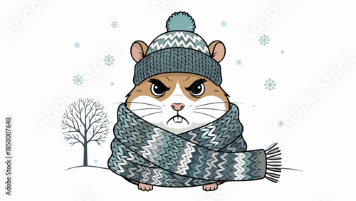 Stylized illustration of a Persian cat wearing a blue knitted hat and scarf against a wintry background