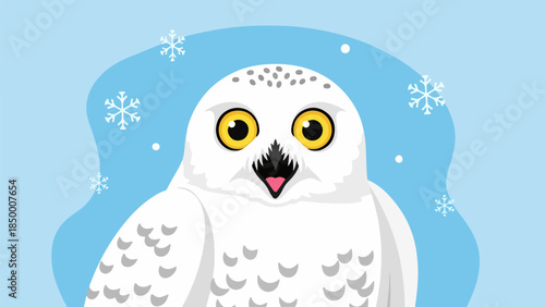Detailed illustration of a snowy owl with white plumage and yellow eyes against a light blue background with snowflakes
