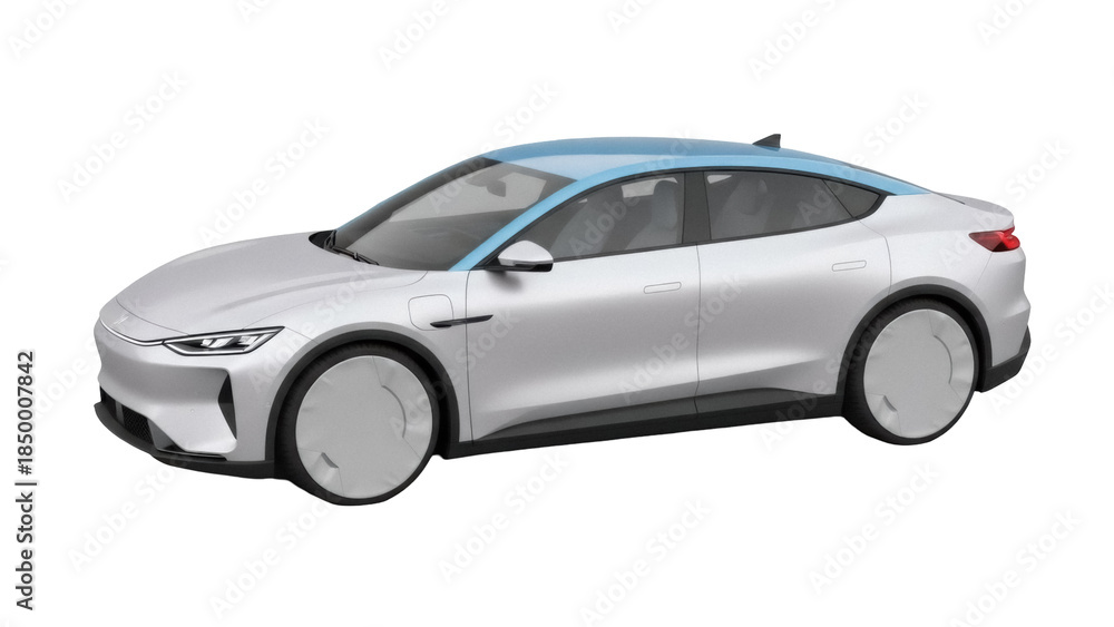 Obraz premium Sleek silver electric car PNG isolated on transparent background, modern EV vehicle for sustainable transportation and eco-friendly lifestyle