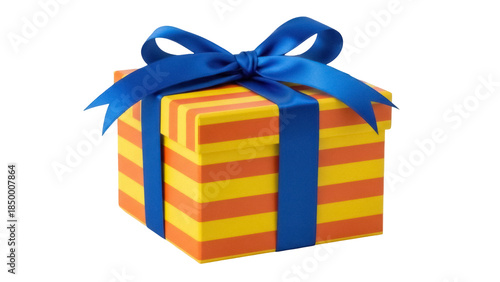 Striped yellow and orange gift box with blue ribbon isolated PNG, present for birthday or special occasion on transparent background