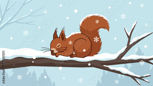 Brown squirrel resting on a snow-covered branch with a light blue sky and falling snowflakes