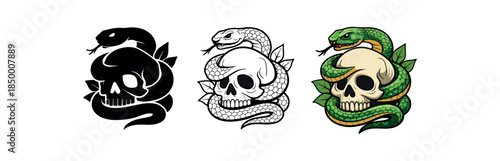 dark nature snake coiled around skull with leaf