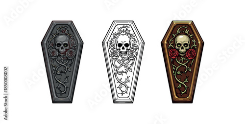 crypt relic coffin lid with carved skull and roses