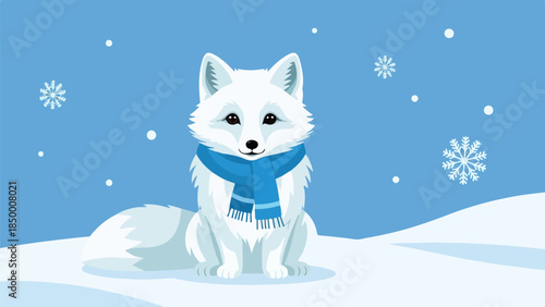 White fox with blue scarf sitting on snow-covered surface in winter landscape