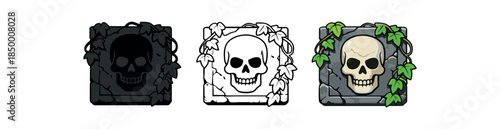 crypt relic skull relief on stone plaque with ivy vines