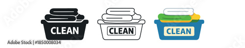home cleaning routine basket labeled clean with folded clothes inside