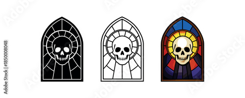 gothic stained glass window showing skull haloed light