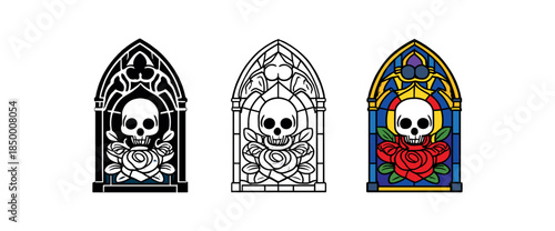 gothic stained glass ornate window with skull and rose details