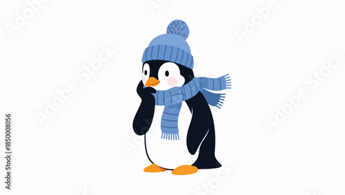Illustration of a penguin wearing a blue knit hat and scarf on a light gray background