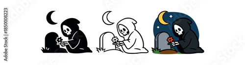 gentle reaper reaper placing flower on grave under crescent moon