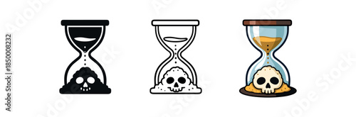 time and decay hourglass leaking sand into skull shaped pile