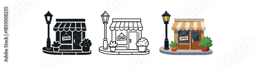 urban minimalism street corner with lamppost plants and open cafe calm tone