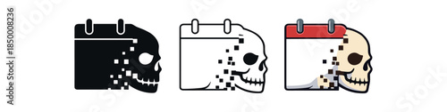 Calendar with skull icon set. Halloween date, spooky event, horror day, holiday symbol. Outline flat and colored vector illustration.