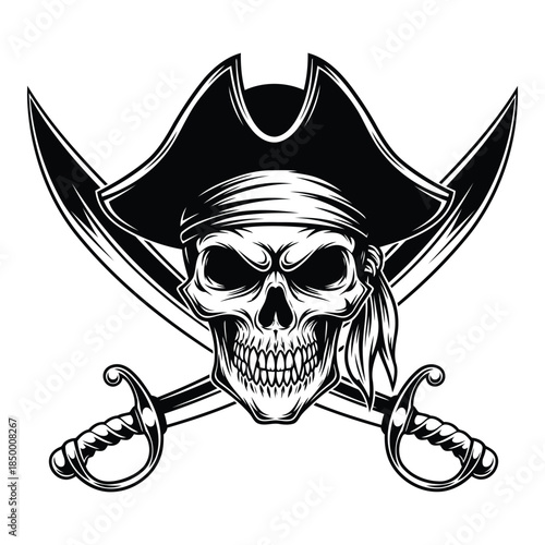 Pirate skull with bandana and pirate hat on crossed swords
