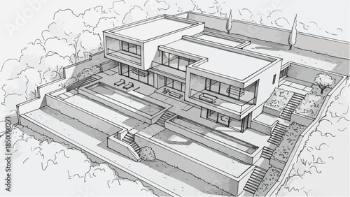 Modern luxury villa architecture with multi level terrace and garden sketch