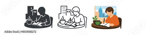 urban minimalism person journaling city cafe tea and paper cozy lifestyle