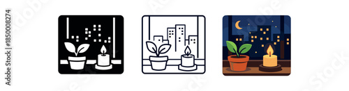 urban minimalism night city lights window plants candle modern calm atmosphere