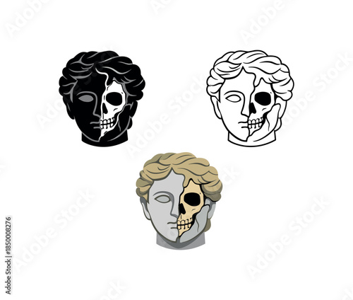 time and decay broken statue head with skull reflection crack