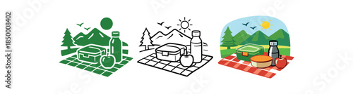 eco travel picnic cloth reusable containers fruit and bottle scenic view