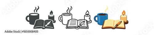 zero contain morning routine ceramic mug steaming beside candle and open journal