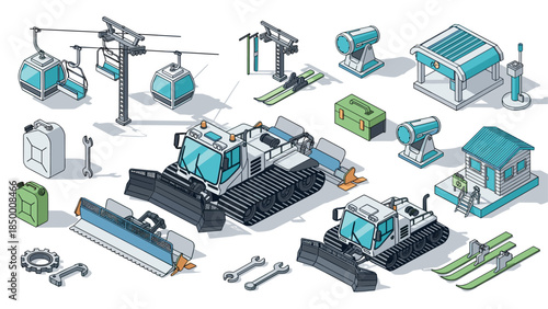 Winter resort equipment and machinery in an isometric style