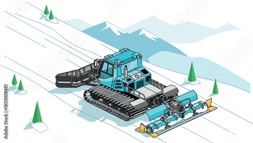 Isometric snow groomer on mountain slope with pine trees and snowy peaks