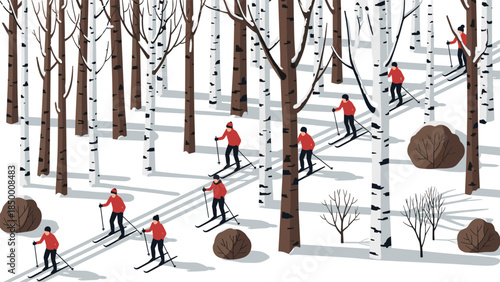 Cross country skiers navigating snowy birch forest in winter adventure scene