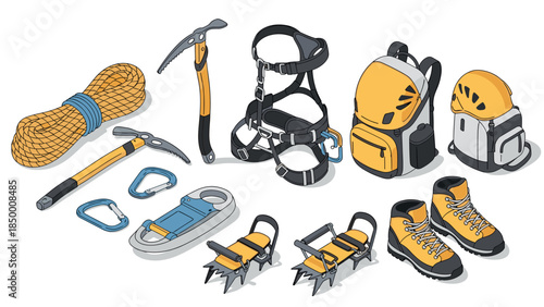 Isometric mountaineering gear set with climbing tools and safety equipments