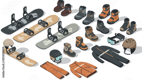 Winter sports equipment featuring snowboards, boots, and helmets in isometric style