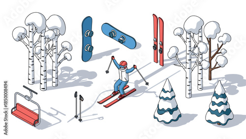 Winter sports scene with isometric skier and snowy landscape elements