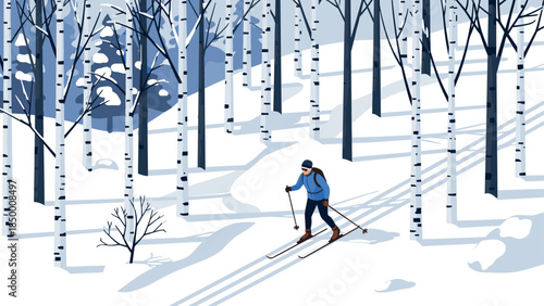 Cross-country skiing in scenic winter birch forest landscape
